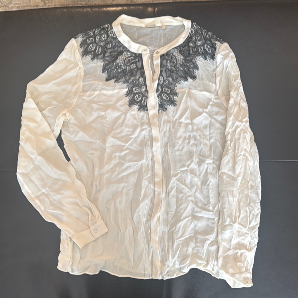 Elie Tahiti Silk Ivory Blouse with Black Lace Detail